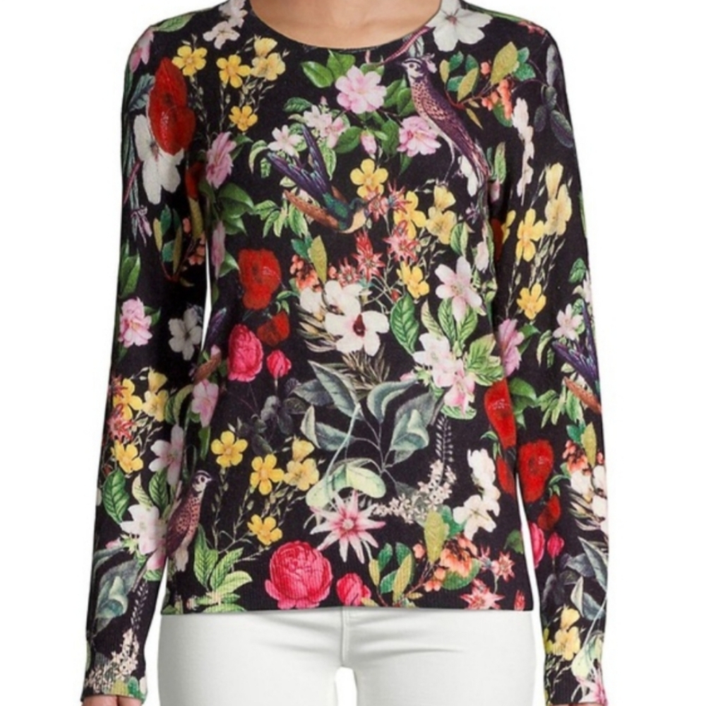 Lord & Taylor Floral Crewneck Cashmere Sweater